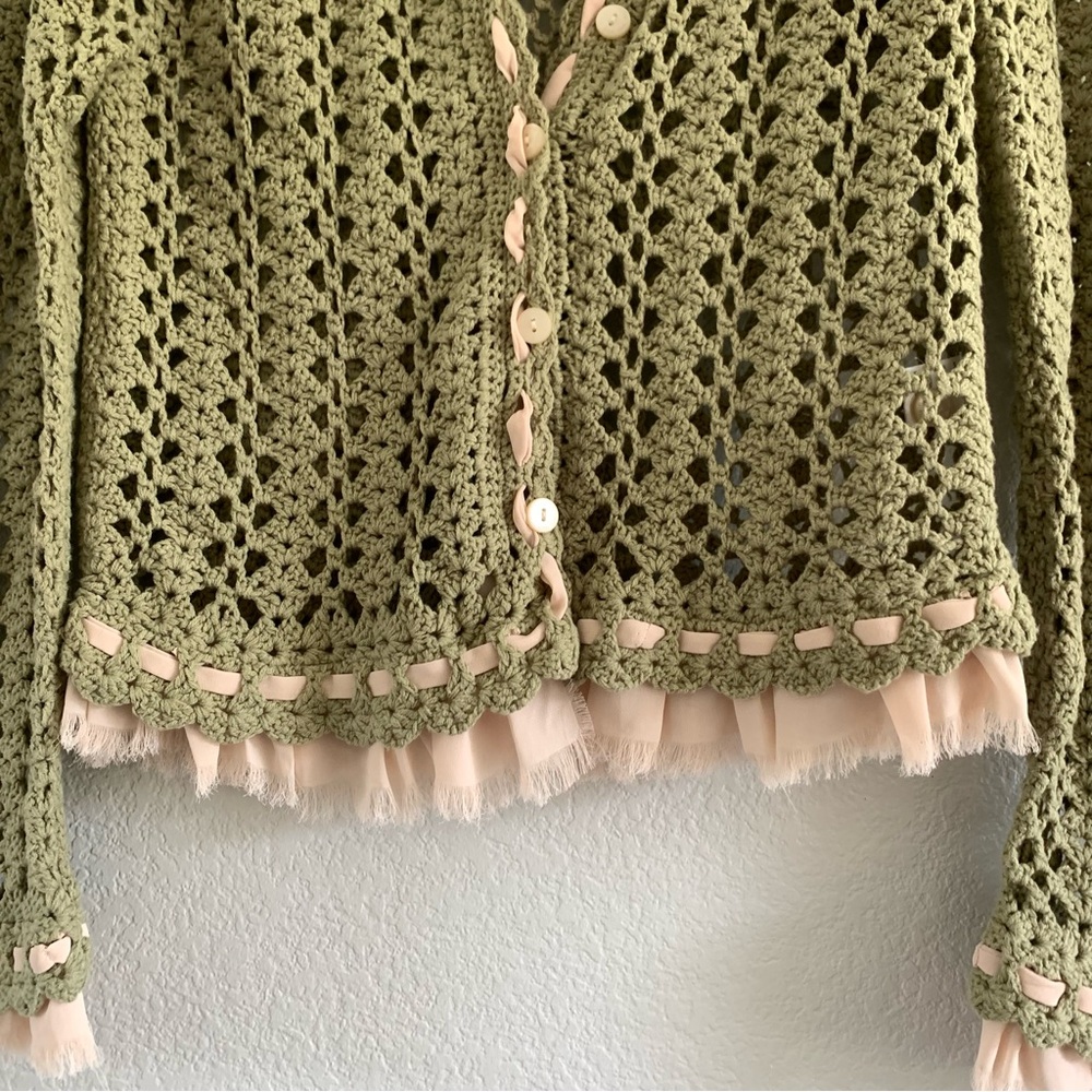 Olive Green Crochet Sweater with Pink Accents - Picture 3 of 8